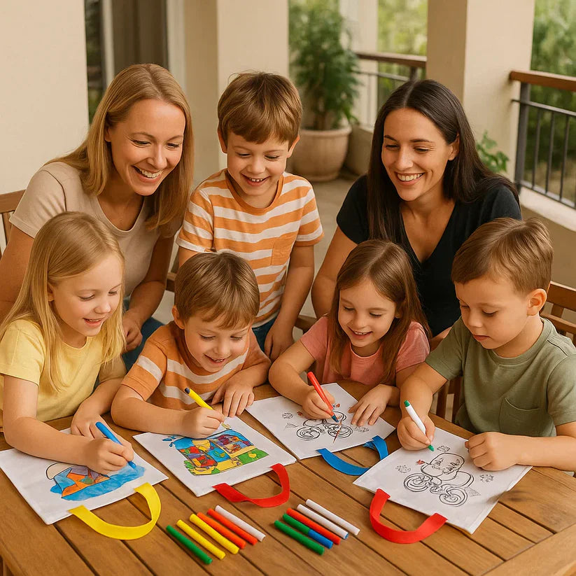 Bērnu radošais krāsojamo somiņu komplekts ar flomāsteriem