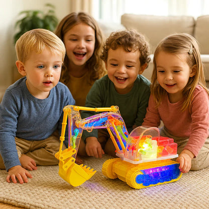 Dejojošs un gaismās mirgojošs muzikālais ekskavators