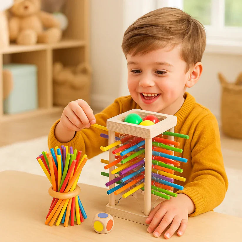 Koka izglītojošā spēle ar bumbiņām un kociņiem