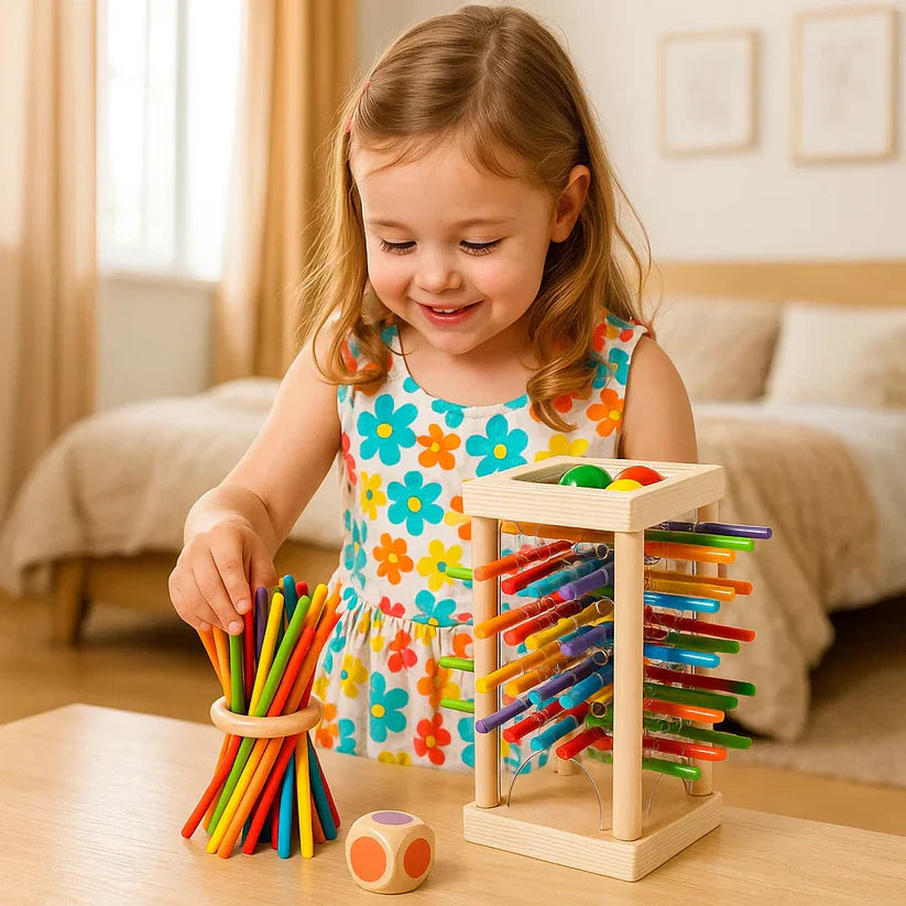 Koka izglītojošā spēle ar bumbiņām un kociņiem